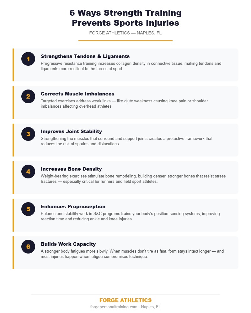 Infographic showing 6 ways strength and conditioning training prevents injuries for Naples athletes